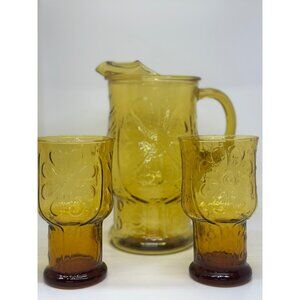 Vintage 1970's Libbey Country Garden Pitcher & 2 Drink Glasses Amber Decor